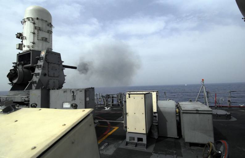USS Taylor FFG-50 fires close in weapon system CIWS
