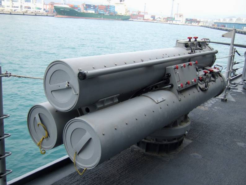 Mk-32 torpedo tubes for Mk-46 torpedoes aboard FFG-32 USS John L. Hall