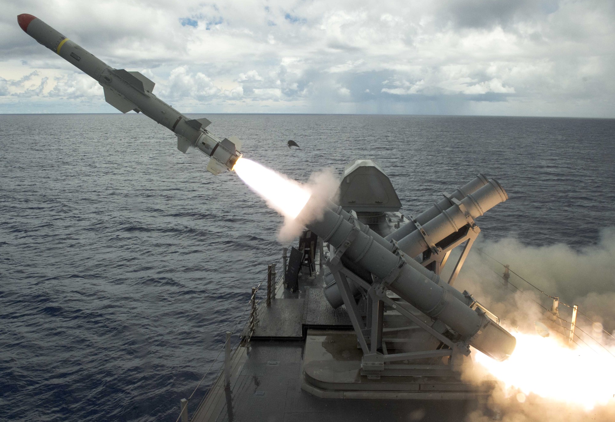 lcs-4 uss coronado independence class littoral combat ship us navy 22 rgm-84 harpoon ssm missile fire