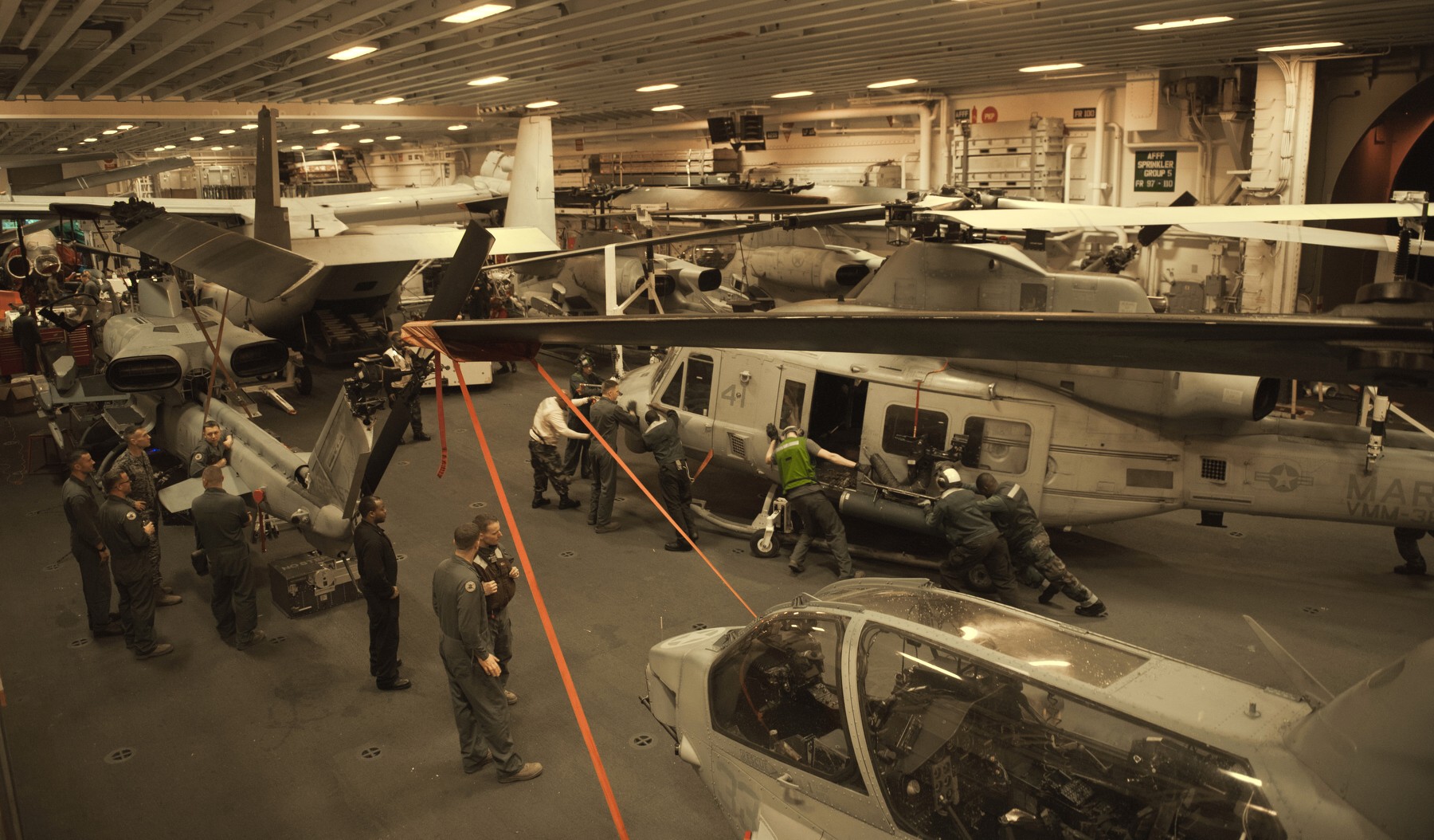 lhd-5 uss bataan wasp class amphibious assault ship dock landing helicopter us navy vmm-365 marines hangar deck 120