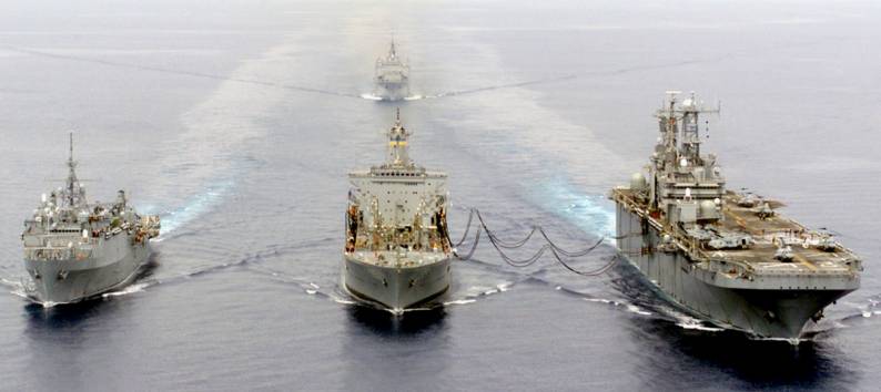 LPD-4 USS Austin LHA-2 USS Saipan T-AO-194 USNS Leroy Grumman replenishment