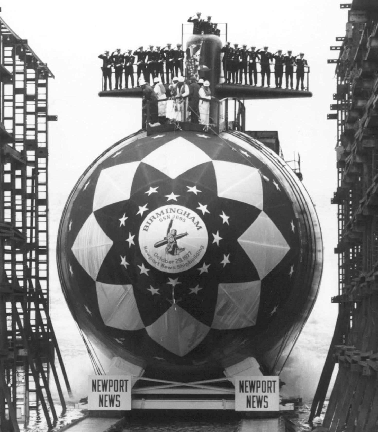 uss birmingham ssn-695 los angeles class attack submarine christening launching newport news 1977