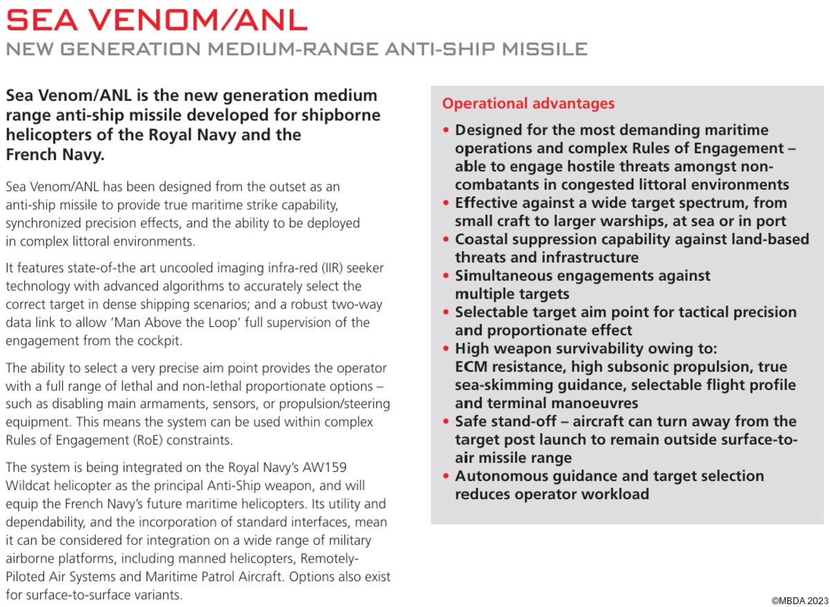 sea venom anl anti ship missile asm mbda anti-navire leger info sheet 13