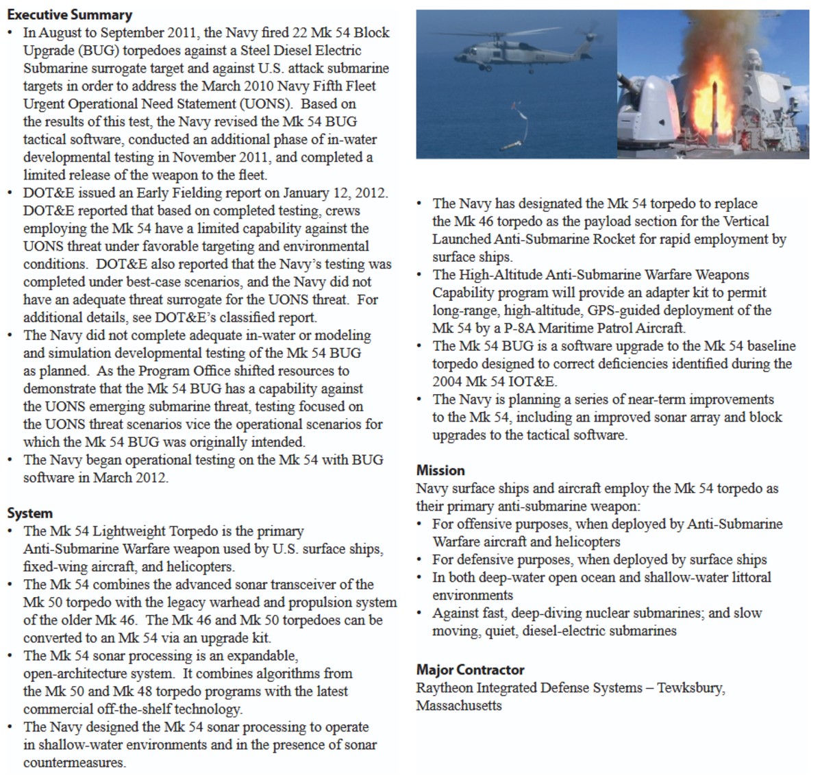 mk.54 mako lightweight torpedo lht mark navy raytheon datasheet